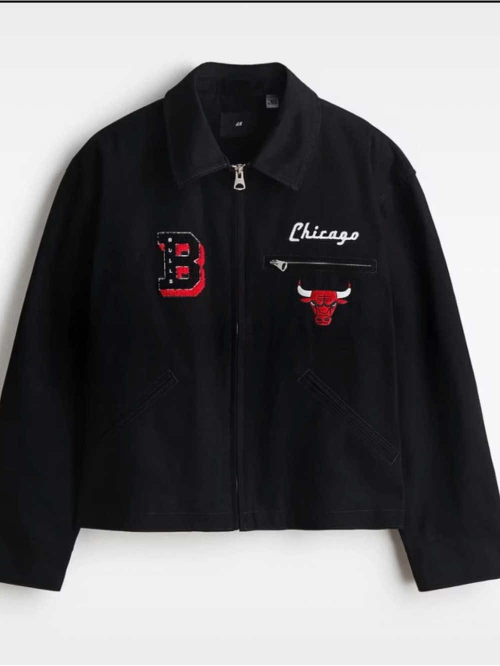 H&M Black Chicago Embroidered Zip Jacket with Red Accents